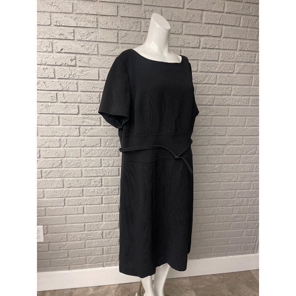 NWT Tahari Women ASL Black Pinstriped Square Neckline Short Sleeve Self-Belted M - Picture 4 of 8